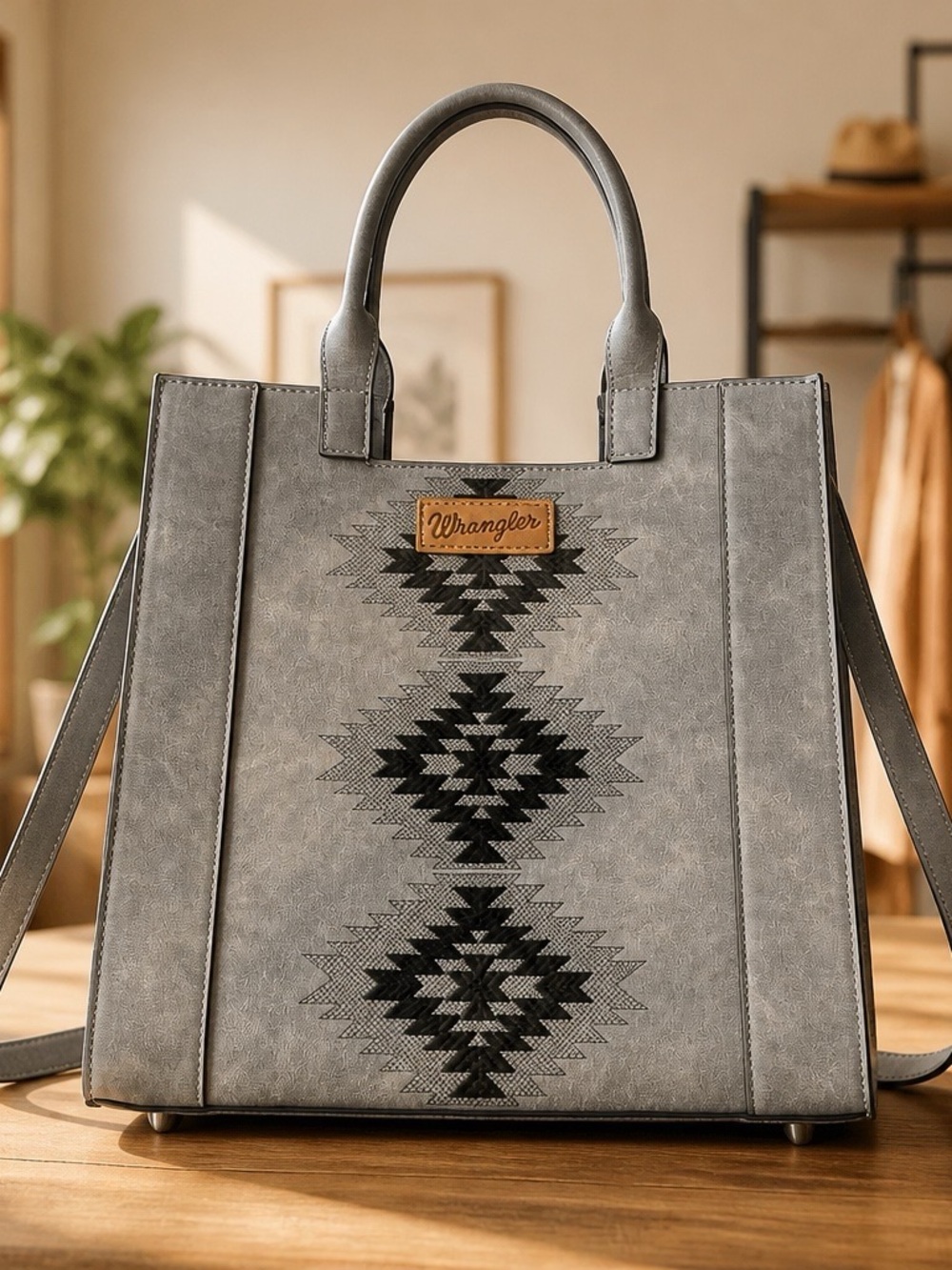 Wrangler Gray Tote with Black Aztec Stitching and Tan Logo